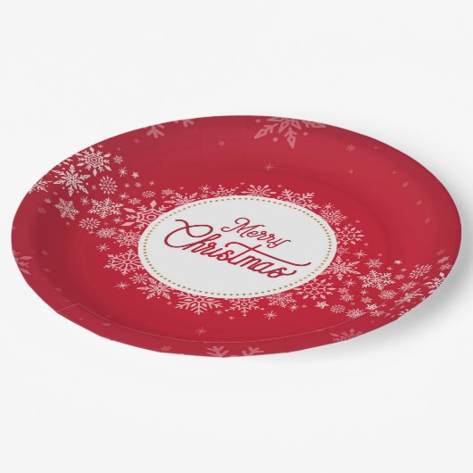 メリークリスマスウィンタースノーフレークレッドフェスティバル ペーパープレート (アングル)