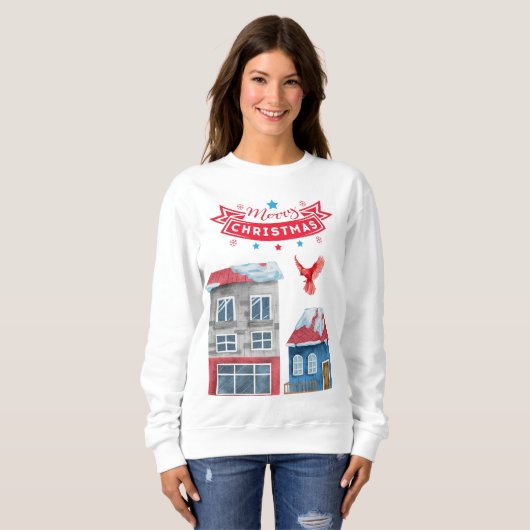 メリークリスマスウィンタータウンシーンレッド(鳥)ショウジョウコウカンチョウ スウェットシャツ (正面フル)