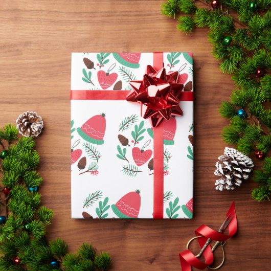 メリークリスマスウィンターハットとピネコーン ラッピングペーパー (クリスマスギフト)