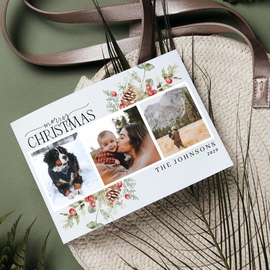 メリークリスマスウィンターパインベリーボタニカルフォト シーズンポストカード