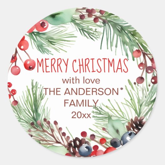 メリークリスマスウィンターベリーパインズリース ラウンドシール (正面)