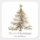 メリークリスマスウィンターホリデーウォーターカラーツリー スクエアシール (正面)