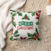 メリークリスマスウィンターホリデーレッドグリーンホリー クッション (ブランケット)