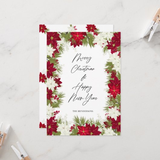 メリークリスマスウィンターレッドポインセチアはっきりしたホワイト カード (正面/裏面インサイチュ)