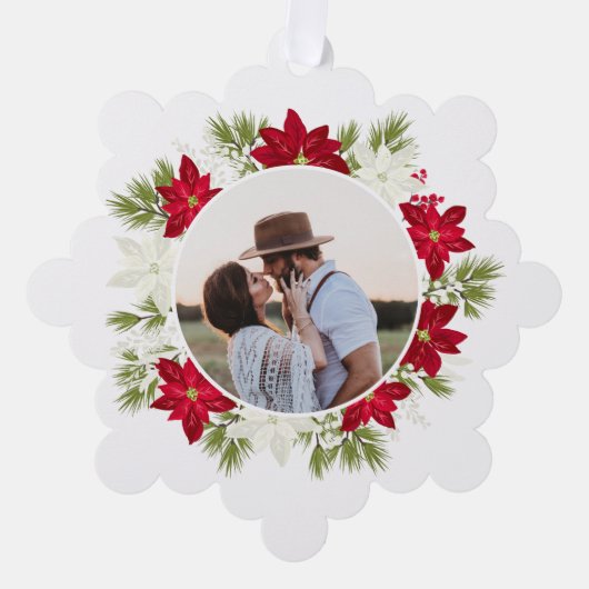 メリークリスマスウィンターレッドポインセチアリース オーナメントカード (正面)
