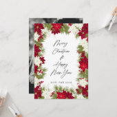 メリークリスマスウィンターレッドポインセチア写真 カード (正面/裏面インサイチュ)