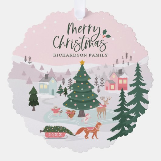 メリークリスマスウィンターワンダーランド森林動物 オーナメントカード (正面)