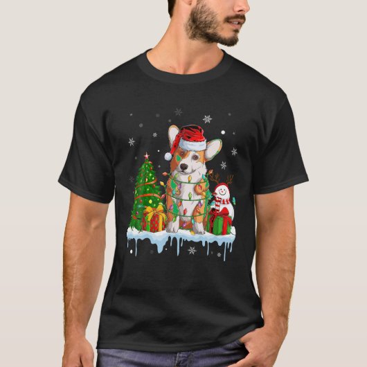 メリークリスマスウェルシュコーギーサンタハットライトキリスト Tシャツ (正面)