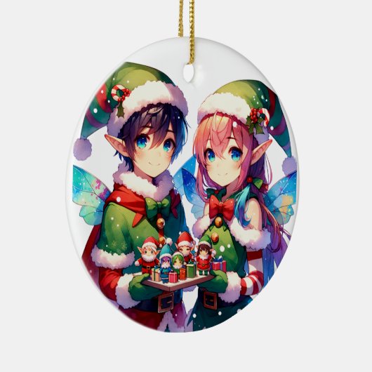 メリークリスマスウォーターの色のアニメ小妖精や小人がパーソナライズ セラミックオーナメント (右)