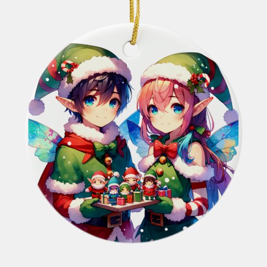 メリークリスマスウォーターの色のアニメ小妖精や小人がパーソナライズ セラミックオーナメント (正面)