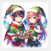 メリークリスマスウォーターカラーアニメ小妖精や小人ホリデー スクエアシール (正面)