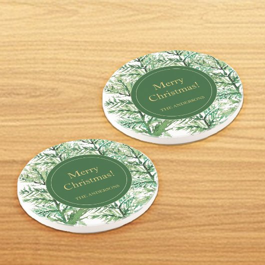 メリークリスマスウォーターカラーアートツリーパーソナライズされた コースター