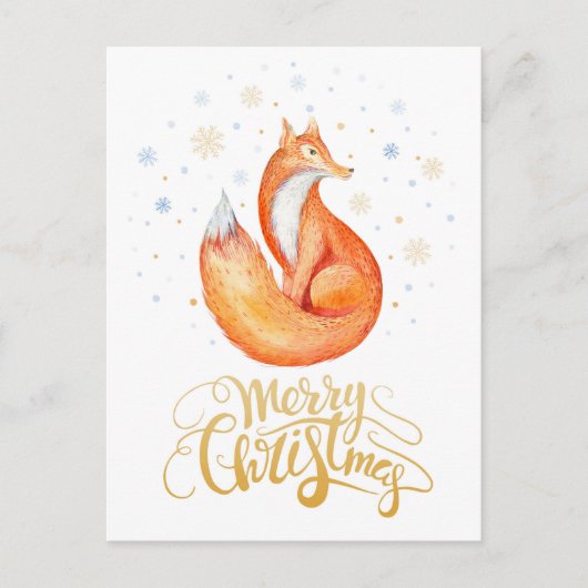 メリークリスマスウォーターカラーキツネとスノーフレーク・カード シーズンポストカード (正面)