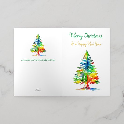 メリークリスマスウォーターカラークリスマスツリー 箔グリーティングカード (外側レイダウン)