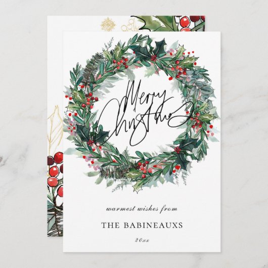 メリークリスマスウォーターカラークリスマスリース シーズンカード (正面/裏面)