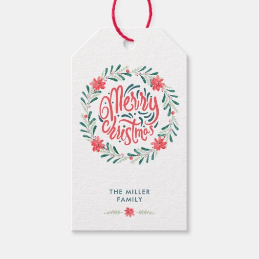 メリークリスマスウォーターカラーグリーナリーフローラリース ギフトタグ (正面)