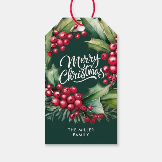 メリークリスマスウォーターカラーグリーナリーベリーリース ギフトタグ (正面)
