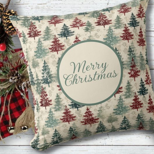 メリークリスマスウォーターカラーグリーンフォレストモミの木 クッション