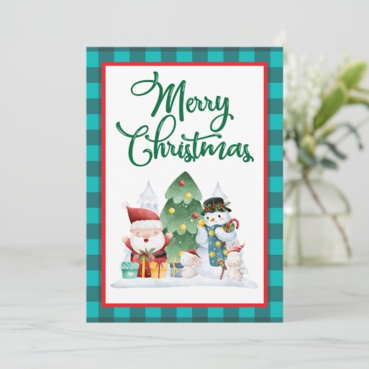 メリークリスマスウォーターカラーサンタと雪だるま シーズンカード (スタンド正面)