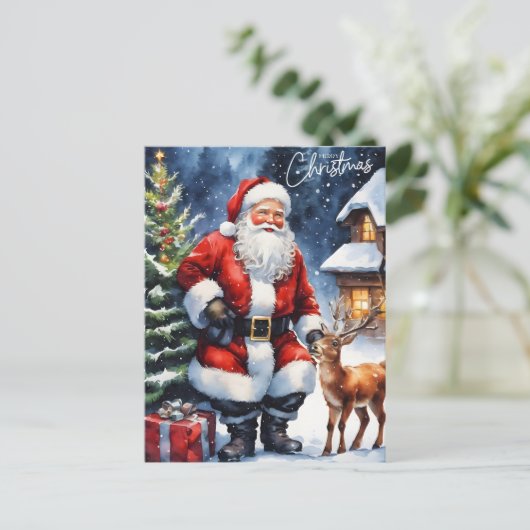 メリークリスマスウォーターカラーサンタクロース シーズンポストカード (スタンド正面)