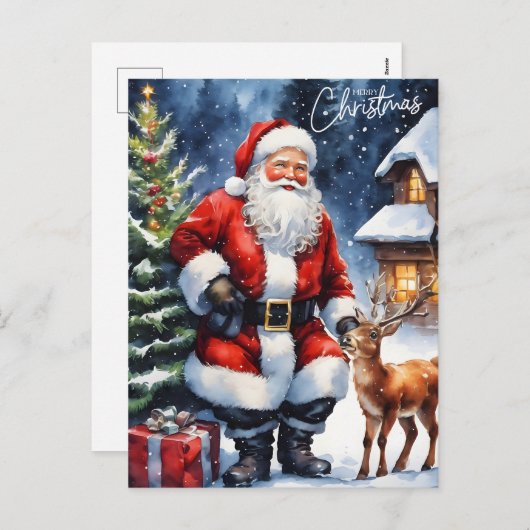メリークリスマスウォーターカラーサンタクロース シーズンポストカード (正面/裏面)