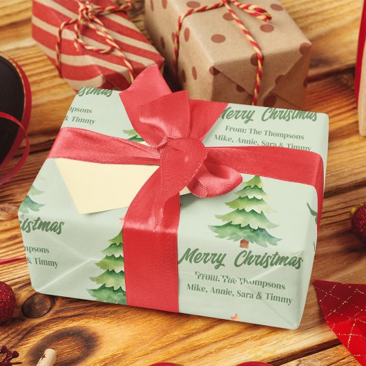 メリークリスマスウォーターカラーツリーカスタム ラッピングペーパーシート