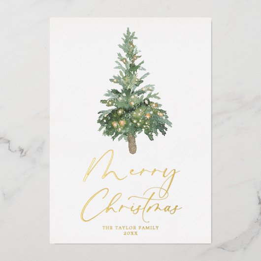 メリークリスマスウォーターカラーツリーゴールドフォイルボホ 箔シーズンカード (正面)