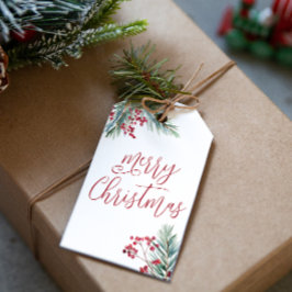 メリークリスマスウォーターカラーパインとベリー ギフトタグ