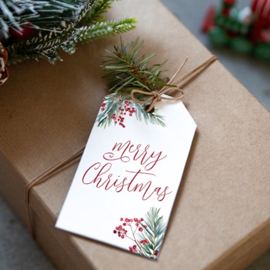 メリークリスマスウォーターカラーパインとベリー ギフトタグ