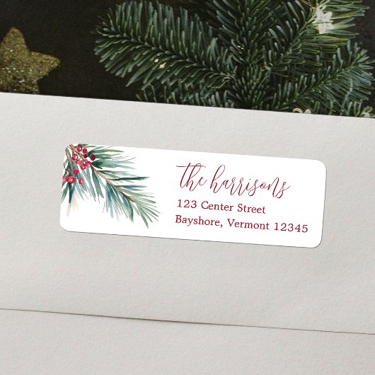 メリークリスマスウォーターカラーパインとベリー ラベル