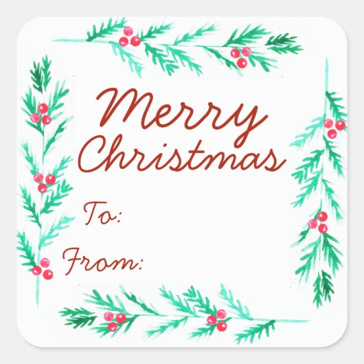 メリークリスマスウォーターカラーパインスポリグ&ベリー スクエアシール (正面)