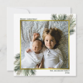 メリークリスマスウォーターカラーパインセージ&金ゴールド写真 シーズンカード