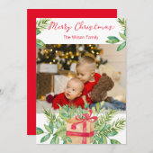 メリークリスマスウォーターカラーパインファミリーフォトカード シーズンカード (正面/裏面)