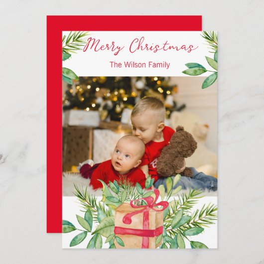 メリークリスマスウォーターカラーパインファミリーフォトカード シーズンカード (正面/裏面)
