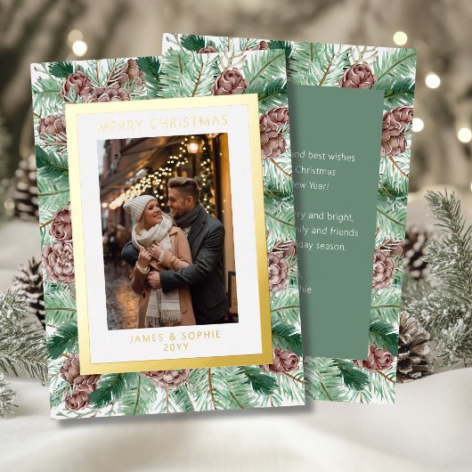 メリークリスマスウォーターカラーパインフローラ写真 箔シーズンカード