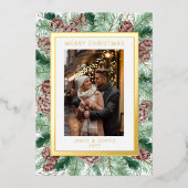 メリークリスマスウォーターカラーパインフローラ写真 箔シーズンカード (正面)