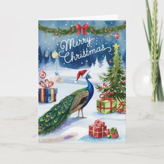 メリークリスマスウォーターカラーピーコッククリスマスカード シーズンカード (正面)