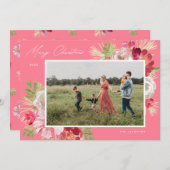 メリークリスマスウォーターカラーフラワーピンク シーズンカード (正面/裏面)