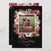 メリークリスマスウォーターカラーフラワーフレームブラック シーズンカード (正面/裏面)