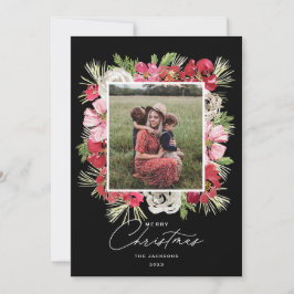 メリークリスマスウォーターカラーフラワーフレームブラック シーズンカード