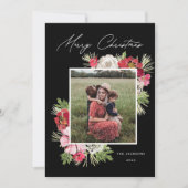 メリークリスマスウォーターカラーフラワーブラック シーズンカード (正面)