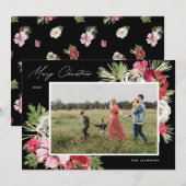 メリークリスマスウォーターカラーフラワーブラック シーズンカード (正面/裏面)