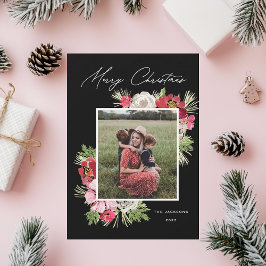 メリークリスマスウォーターカラーフラワーブラック シーズンカード