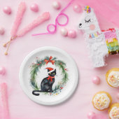 メリークリスマスウォーターカラーブラックキャットとリース ペーパープレート (パーティー)