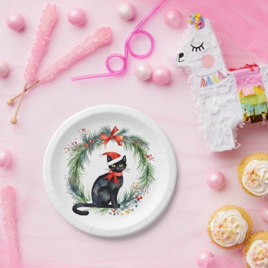 メリークリスマスウォーターカラーブラックキャットとリース ペーパープレート (パーティー)