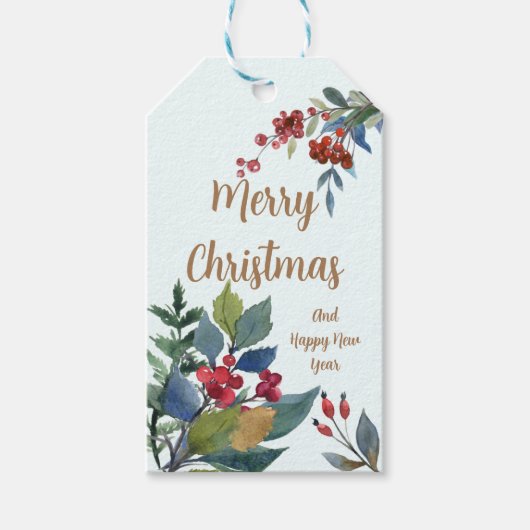 メリークリスマスウォーターカラーホリーとベリー ギフトタグ (正面)