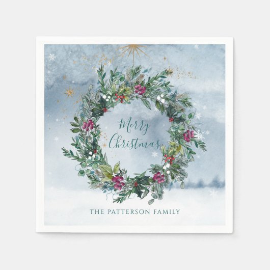 メリークリスマスウォーターカラーホリーグリッタースタースノー スタンダードカクテルナプキン (正面)