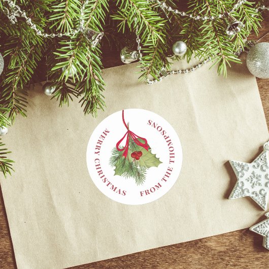 メリークリスマスウォーターカラーホリーベリー緑 ラウンドシール