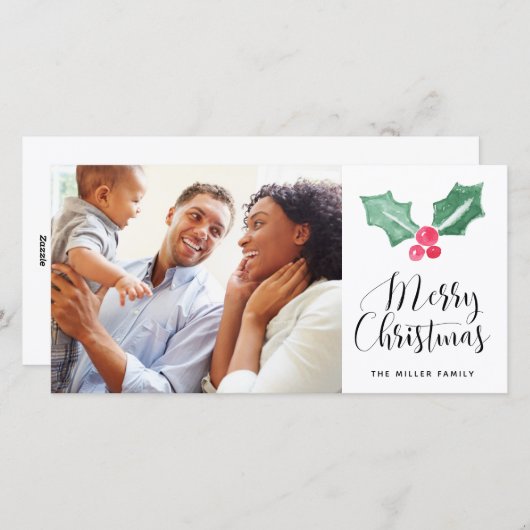 メリークリスマスウォーターカラーホリーホリデーフォト シーズンカード (正面/裏面)
