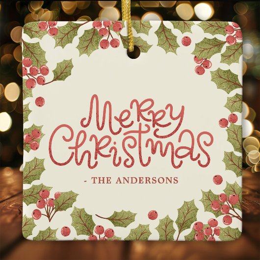 メリークリスマスウォーターカラーホリー葉ズ セラミックオーナメント